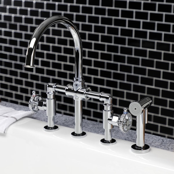 KS2331CG Industrial Style Bridge Kitchen Faucet With Brass Sprayer, Polished Chrome